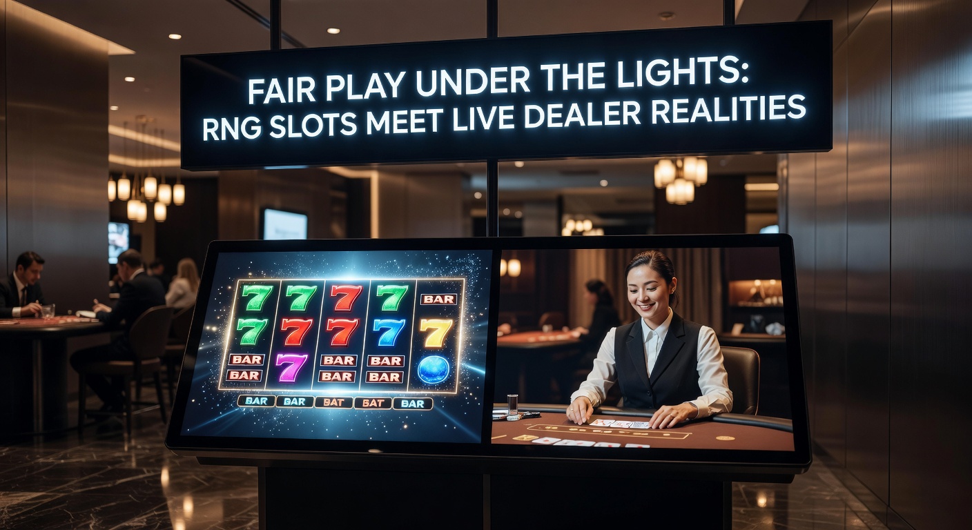 Leuchtende Slot-Maschinen und ein Live-Dealer am Tisch unter Casino-Lichtern, symbolisierend den Übergang von digitaler Zufälligkeit zu menschlicher Interaktion