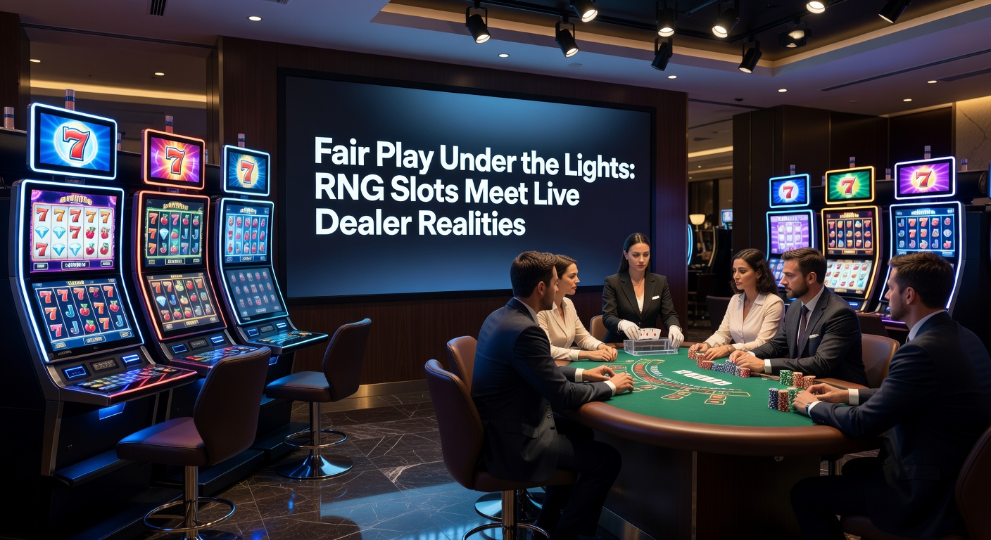 Nahaufnahme eines Live-Dealers, der ein Roulette-Rad dreht, neben einem digitalen Slot-Bildschirm, der Fairness in beiden Welten betont