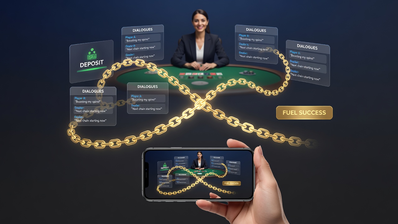 Live-Dealer-Tisch mit mobiler App-Oberfläche und Support-Chat-Fenster