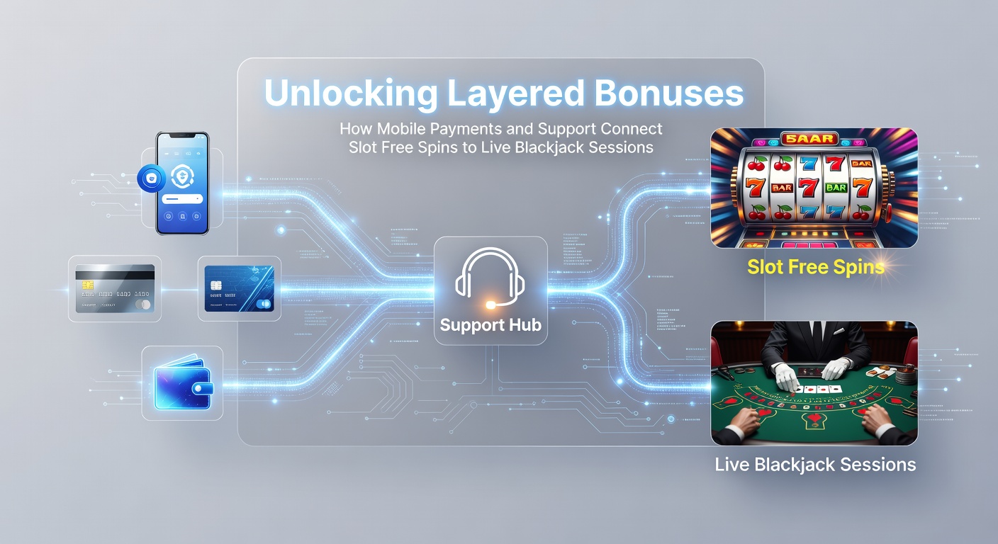 Smartphone mit Slot-Freispielen und Live-Blackjack-Tisch, verbunden durch mobile Zahlungs-Apps und Support-Chat